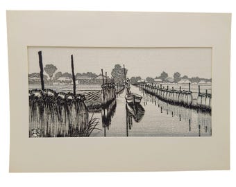 Grabado japonés en madera de Suigo en otoño, escena de canal, Gihachiro Okuyama, sello vintage