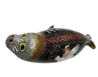Cloisonné Seal Figurine Floral Pink Black Green Design Blue Waves Vintage Small