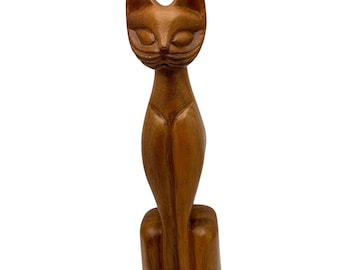 Hand-Carved Wooden Siamese Cat Figurine Mid-Century Modern 10" Vtg Brown