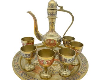 Middle Eastern Brass Tea Set Tray Teapot 6 Goblets Hand-Etched Floral Paint Vtg