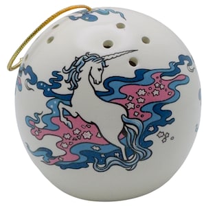 Sfera di potpourri in ceramica dipinta a mano a forma di unicorno, ornamento vintage retrò anni '80, fantasy, 7,6 cm