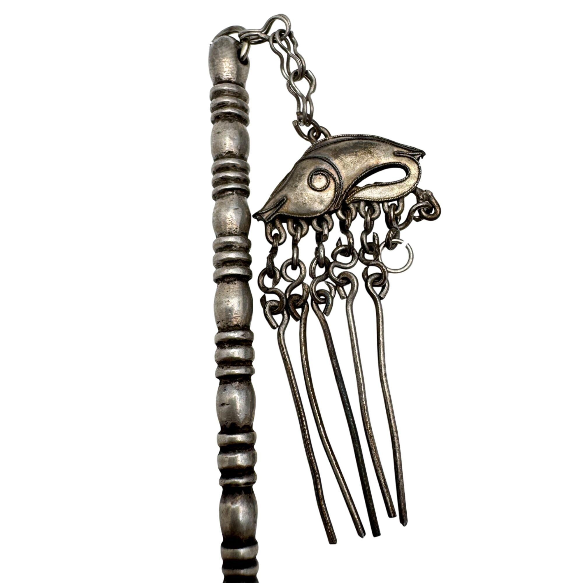 Chinese Hairpins Fish Floral Designs Silver Tone Metal Intricate Set Of 2 Vtg Chinese Hairpins Fish Floral Designs Silver Tone Metal  main image 4