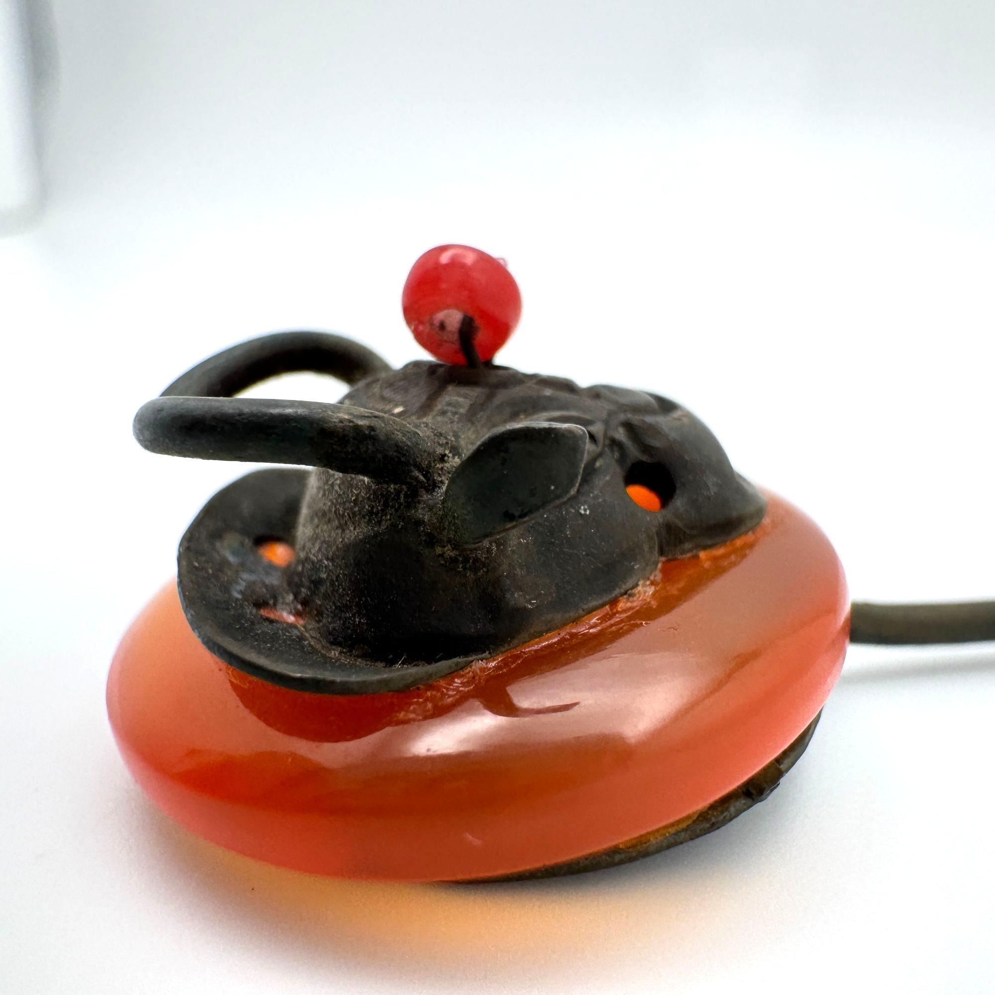 Antique Chinese Hairpin With Ox Motif Carnelian? & Metal 