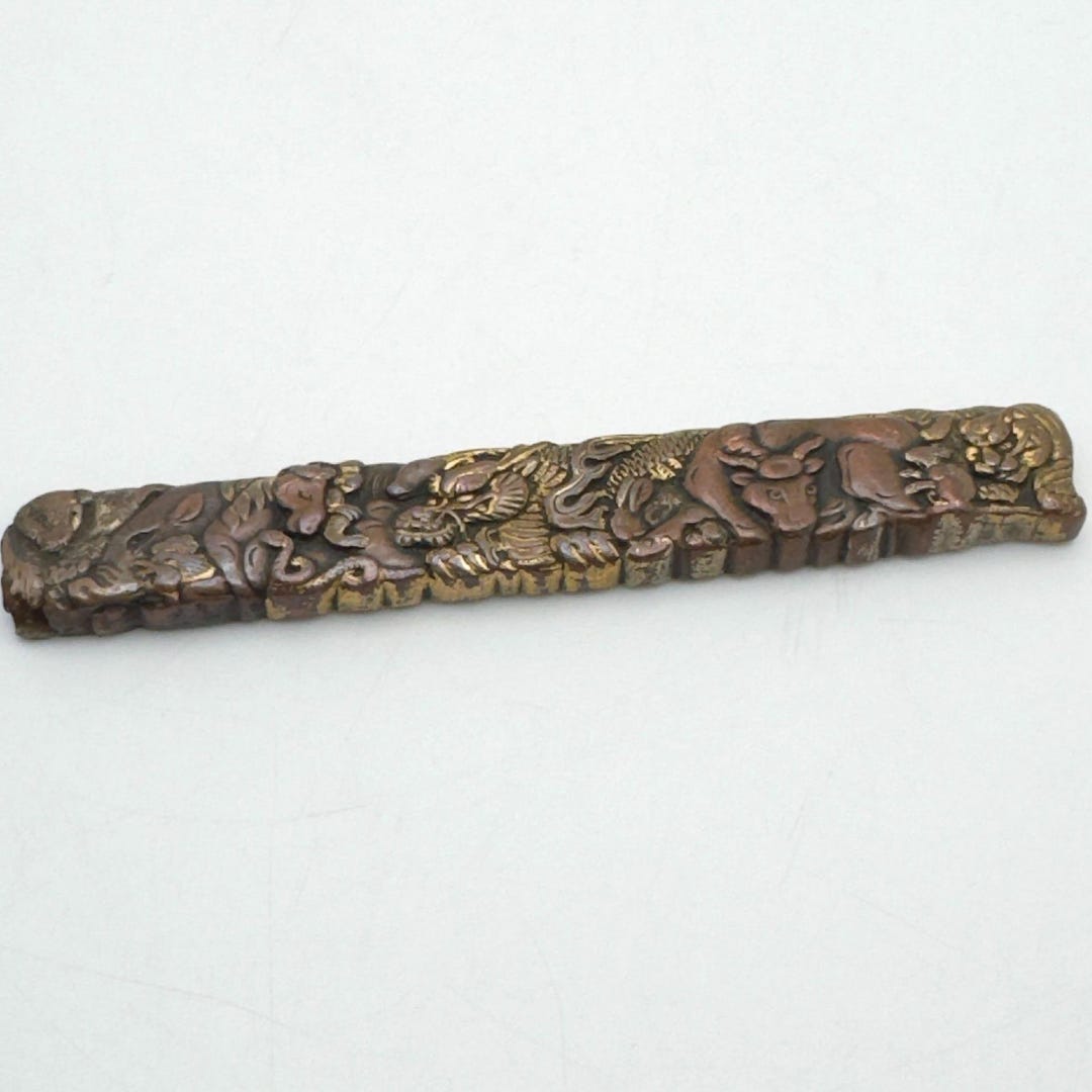 Late Edo Copper Kozuka Zodiac Animals Dragon Gold Nunome Patina