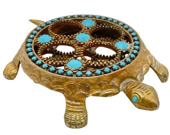 Mosiężny pojemnik na szminkę VTG Turquoise Stones w stylu Hollywood Regency