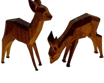 Hand-Carved Wooden Deer Figurine Set Of 2 Rustic Decor Woodland Animal Handmade