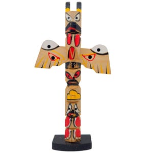 Hand-Painted Wooden Totem Pole Figurine Bold Carved Vintage 1960s Japan