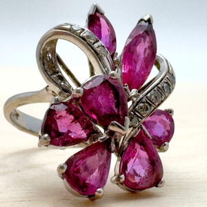 Vtg MC Ruby Diamond 14k White Gold Cluster Ring Handworked Size 7 3.0 Carat