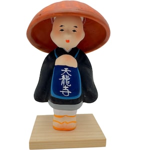 Japanese Jizo Bosatsu Buddha Monk Pottery Statue With Wooden Base 6" Tall