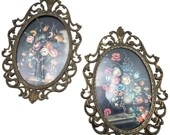 Brass Oval Floral Picture Frames With Convex Bubble Glass Vintage Made In Italy