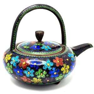 Cloisonné Vtg Floral Teapot Handle Lid Multicolor Enamel On Black Metal 5.5&quot;