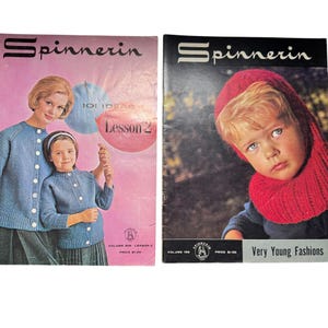 May include: Two vintage Spinnerin knitting pattern books. The first book, Volume 300, features a woman and child wearing blue cardigans. The second book, Volume 169, shows a child wearing a red knit hood. Both books have the Spinnerin logo.