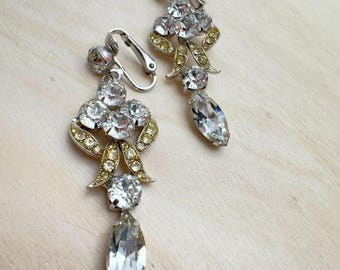 Rhinestone Clip-On Dangle Earrings Silver-Tone Clear Yellow Crystals 2" Vintage
