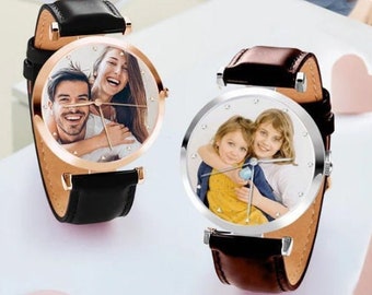 Montre photo personnalisée avec bracelet en cuir, montre avec nom gravé pour homme et femme, montre photo gravée personnalisée pour couple, cadeau pour lui