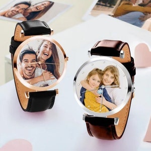 Custom Photo Leather Strap Watch,Engraved text name watch for Men and Women,Couple Personalised Engraved Photo Watch,Gift for him zdjęcie 1