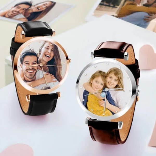 Montre photo personnalisée avec bracelet en cuir, montre avec nom gravé pour homme et femme, montre photo gravée personnalisée pour couple, cadeau pour lui