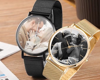 Montre personnalisée avec bracelet milanais, montre photo pour homme et femme, montre avec nom gravé avec texte, montre photo gravée personnalisée pour couple, cadeaux d'anniversaire