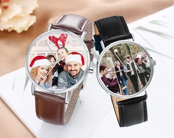 Cadeaux de Noël Montre photo personnalisée avec bracelet en cuir, montre avec nom gravé pour lui/elle montre photo gravée personnalisée, cadeau pour lui