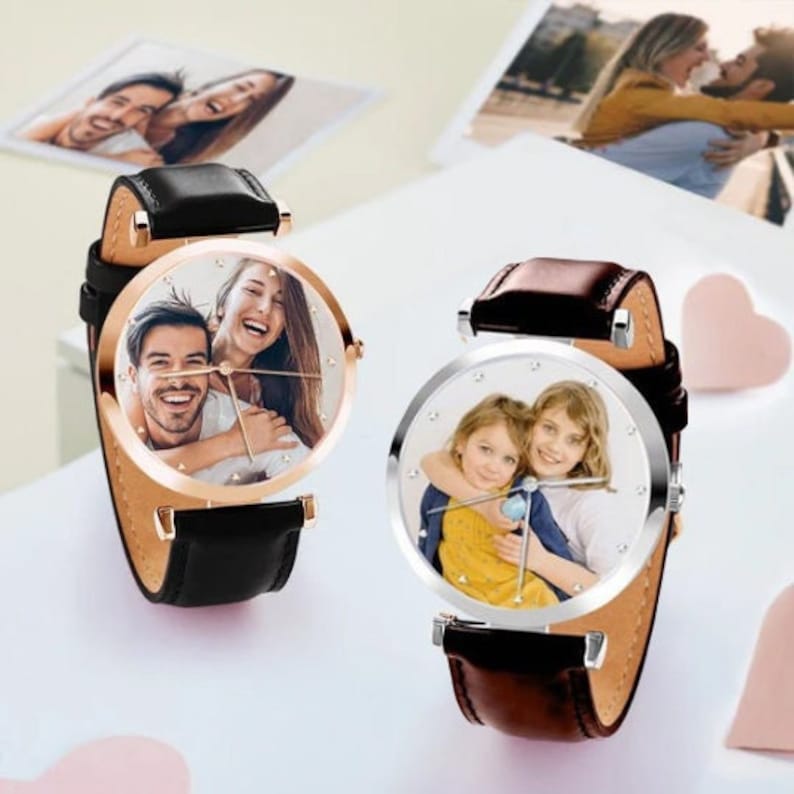 Reloj con correa de cuero con foto personalizada, reloj con nombre de texto grabado para hombres y mujeres, reloj con foto grabado personalizado para parejas, regalo para él imagen 1