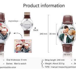 Custom Photo Leather Strap Watch,Engraved text name watch for Men and Women,Couple Personalised Engraved Photo Watch,Gift for him zdjęcie 8