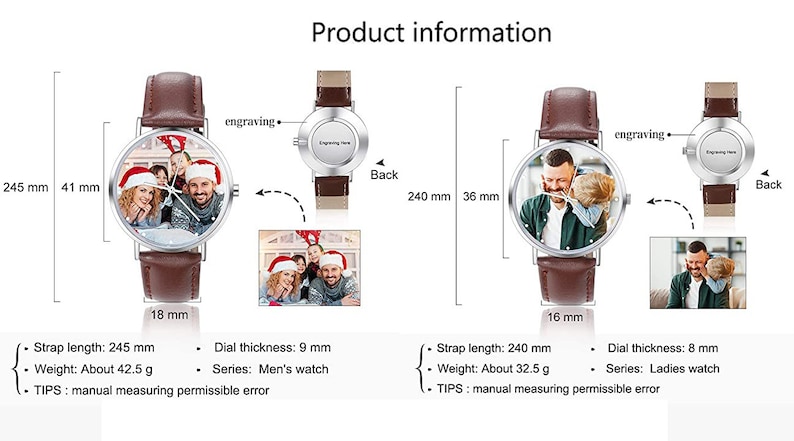 Custom Photo Leather Strap Watch,Engraved text name watch for Men and Women,Couple Personalised Engraved Photo Watch,Gift for him zdjęcie 8