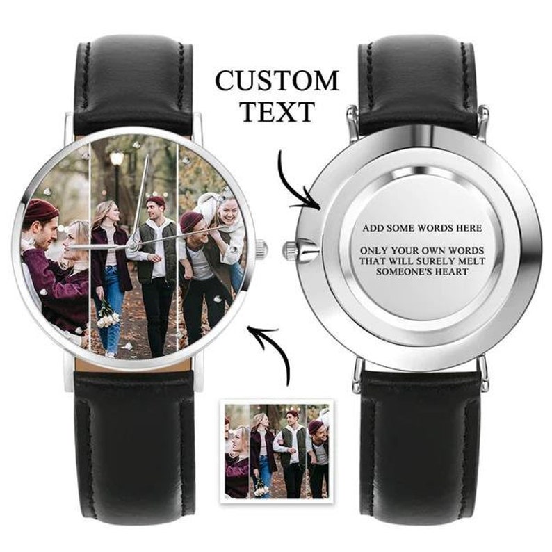 Custom Photo Leather Strap Watch,Engraved text name watch for Men and Women,Couple Personalised Engraved Photo Watch,Gift for him zdjęcie 3