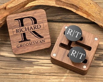 Gemelos con nombre personalizado, caja de regalo, gemelos con grabado personalizado con caja de madera, joyería para padrino y padrino