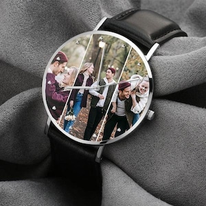 Reloj con correa de cuero con foto personalizada, reloj con nombre de texto grabado para hombres y mujeres, reloj con foto grabado personalizado para parejas, regalo para él imagen 2