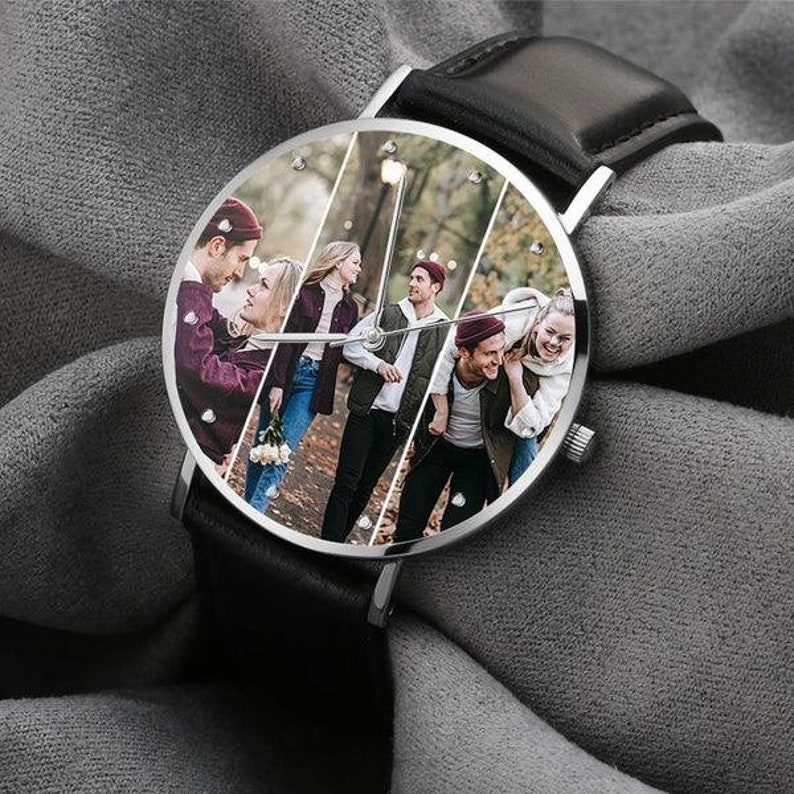 Reloj con correa de cuero con foto personalizada, reloj con nombre de texto grabado para hombres y mujeres, reloj con foto grabado personalizado para parejas, regalo para él imagen 2