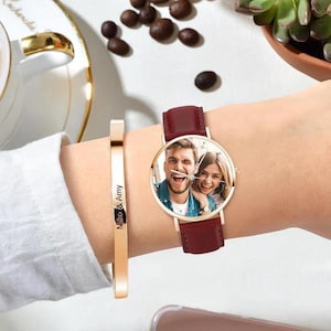 Custom Photo Leather Strap Watch,Engraved text name watch for Men and Women,Couple Personalised Engraved Photo Watch,Gift for him zdjęcie 6