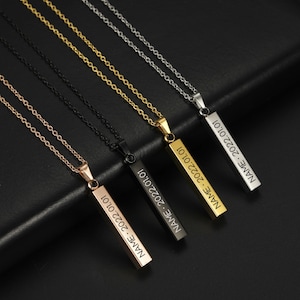 Collar personalizado con colgante de barra con nombre grabado de acero inoxidable, collares negros con letras y fecha personalizados para hombres y mujeres, regalo de joyería