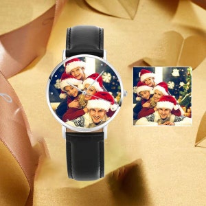 Cadeaux de Noël Montre photo personnalisée avec bracelet en cuir, montre avec nom gravé pour lui/elle montre photo gravée personnalisée, cadeau pour lui image 3