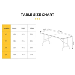 K&ouml;nnte beinhalten: Eine Gr&ouml;&szlig;entabelle f&uuml;r Tische mit Abmessungen in Zentimetern. Die Tabelle zeigt Tischgr&ouml;&szlig;en von 122 cm bis 244 cm L&auml;nge, mit Breiten von 61 cm und 74 cm und einer H&ouml;he von 76 cm. Ein Diagramm veranschaulicht die Abmessungen des Tisches.