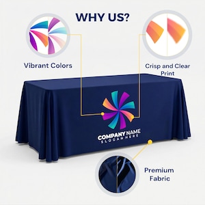 K&ouml;nnte beinhalten: Ein marineblaues rechteckiges Tischtuch mit einem farbenfrohen Logo und dem Text "COMPANY NAME SLOGAN HERE". Das Bild enth&auml;lt auch den Text "WHY US?" und Beschreibungen von "Vibrant Colors", "Crisp and Clear Print" und "Premium Fabric".