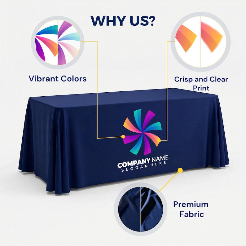 K&ouml;nnte beinhalten: Ein marineblaues rechteckiges Tischtuch mit einem farbenfrohen Logo und dem Text "COMPANY NAME SLOGAN HERE". Das Bild enth&auml;lt auch den Text "WHY US?" und Beschreibungen von "Vibrant Colors", "Crisp and Clear Print" und "Premium Fabric".
