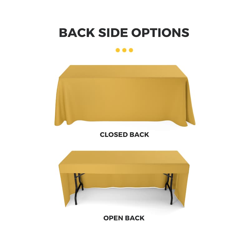 K&ouml;nnte beinhalten: Zwei senffarbene rechteckige Tischdecken, eine mit geschlossenem R&uuml;cken und die andere mit offenem R&uuml;cken, auf Tischen dargestellt. Der Text "BACK SIDE OPTIONS" steht oben, mit den Beschriftungen "CLOSED BACK" und "OPEN BACK" darunter.