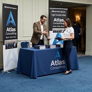 K&ouml;nnte beinhalten: Eine Werbeveranstaltung f&uuml;r Atlas Consulting. Ein Mann und eine Frau stehen hinter einem Tisch mit einer blauen Tischdecke, auf der sich das Atlas Consulting-Logo befindet. Banner mit dem Firmenlogo und Text sind sichtbar.