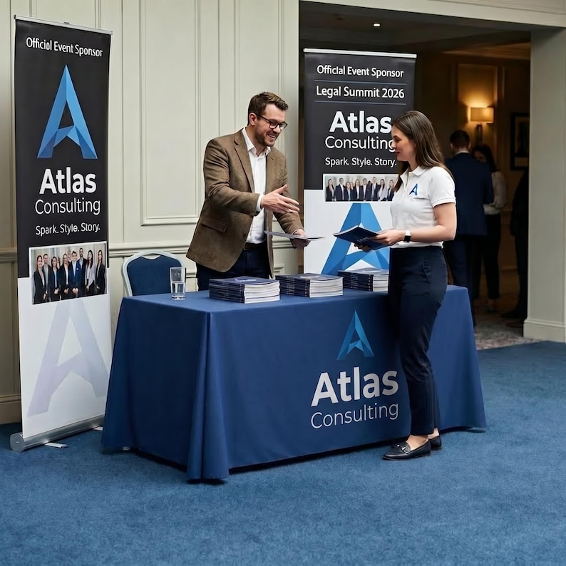 K&ouml;nnte beinhalten: Eine Werbeveranstaltung f&uuml;r Atlas Consulting. Ein Mann und eine Frau stehen hinter einem Tisch mit einer blauen Tischdecke, auf der sich das Atlas Consulting-Logo befindet. Banner mit dem Firmenlogo und Text sind sichtbar.