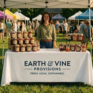 K&ouml;nnte beinhalten: Ein Marktstand im Freien zeigt Gl&auml;ser mit Konserven. Der Tisch hat ein wei&szlig;es Tuch mit dem Text "EARTH & VINE PROVISIONS FRESH. LOCAL. SUSTAINABLE." Gl&auml;ser sind auf Holzkisten und Metallregalen angeordnet. Eine Frau steht hinter dem Tisch.