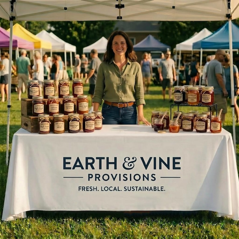 K&ouml;nnte beinhalten: Ein Marktstand im Freien zeigt Gl&auml;ser mit Konserven. Der Tisch hat ein wei&szlig;es Tuch mit dem Text "EARTH & VINE PROVISIONS FRESH. LOCAL. SUSTAINABLE." Gl&auml;ser sind auf Holzkisten und Metallregalen angeordnet. Eine Frau steht hinter dem Tisch.