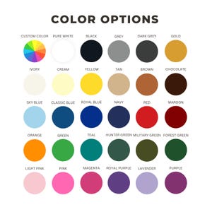K&ouml;nnte beinhalten: Ein Farbfeld mit der &Uuml;berschrift "COLOR OPTIONS". Die Tabelle zeigt eine Reihe von Farben, darunter Wei&szlig;, Schwarz, Grau, Gold und verschiedene Blau-, Gr&uuml;n-, Rot- und Lilat&ouml;ne. Jede Farbe wird durch einen Vollkreis dargestellt.