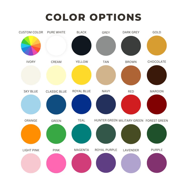 K&ouml;nnte beinhalten: Ein Farbfeld mit der &Uuml;berschrift "COLOR OPTIONS". Die Tabelle zeigt eine Reihe von Farben, darunter Wei&szlig;, Schwarz, Grau, Gold und verschiedene Blau-, Gr&uuml;n-, Rot- und Lilat&ouml;ne. Jede Farbe wird durch einen Vollkreis dargestellt.