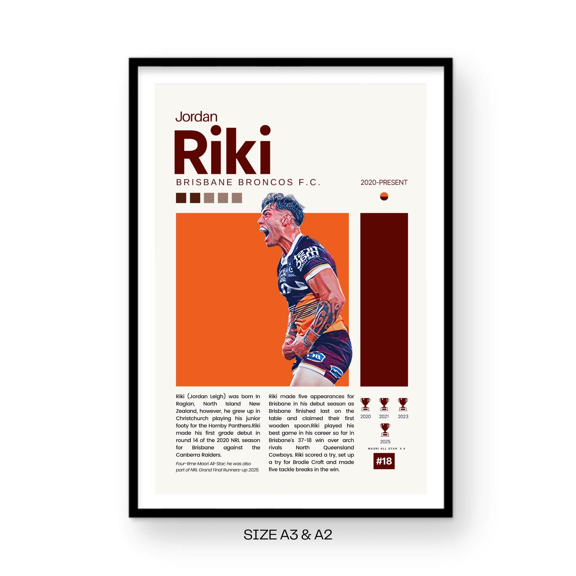 Rugby League stampabile istantanea Jordan Riki Brisbane Broncos stampa regalo estetico moderno per gli amanti del rugby Brisbane Broncos - A2 A3