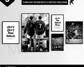 Manchester United Wall Art Black and White Set of 5 Football Fan Room Decor | Old Trafford Poster Set Soccer Gift