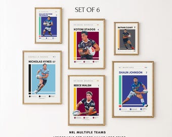 May include: A set of six framed posters featuring illustrations of rugby players including Dallin Watene-Zelezniak, Kotoni Staggs, Nathan Cleary, Nicholas Hynes, Reece Walsh, and Shaun Johnson, with text identifying each player and their team.