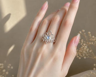 Moonstone Lotus Ring, 925 Sterling Silver Lotus Flower Ring, Bohemian Moonstone Jewelry, Birthday Gift for Daughter, Gift for Her