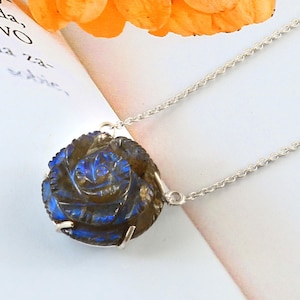 Carved Natural Blue Flash Labradorite Rose Flower Gemstone Pendant Rose Crystal Charms Flash Labradorite Gifts Unique Pendant For Necklace