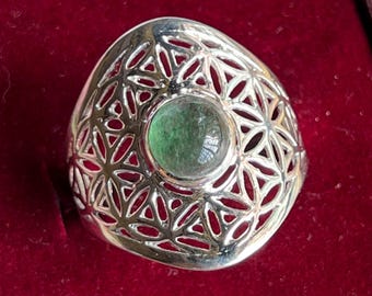 Sterling Silver Flower of Life Ring: Emerald Quartz Mandala, Sacred Geometry