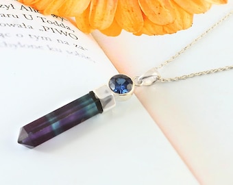 Rainbow Fluorite Necklace in Sterling Silver, Hexagonal Crystal Point Pendant, Handmade Fluorite Necklace, fluorite jewelry, Gift For Her