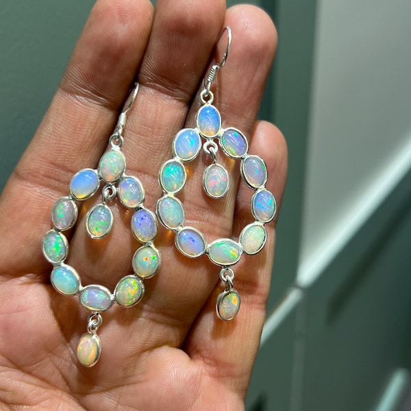 Ethiopian Opal Dangle Earrings: 925 Sterling Silver, Blue Fire Opal